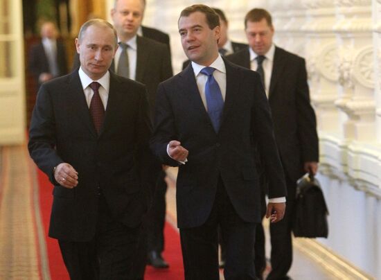 D.Medvedev and V.Putin meeting with retirees and veterans