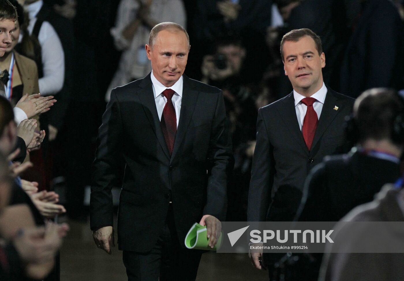 Medvedev and Putin at 12th United Russia pre-election convention