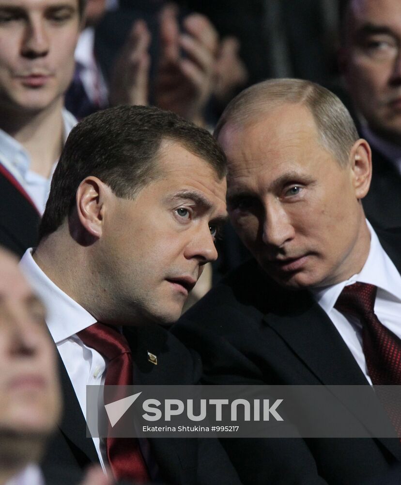 Medvedev and Putin at 12th United Russia pre-election convention