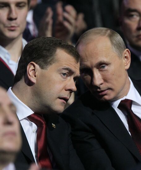 Medvedev and Putin at 12th United Russia pre-election convention