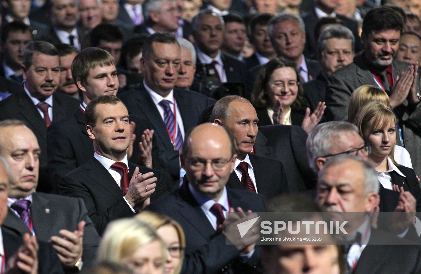 Medvedev and Putin at 12th United Russia pre-election convention
