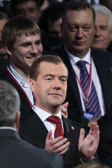 Medvedev and Putin at 12th United Russia pre-election convention