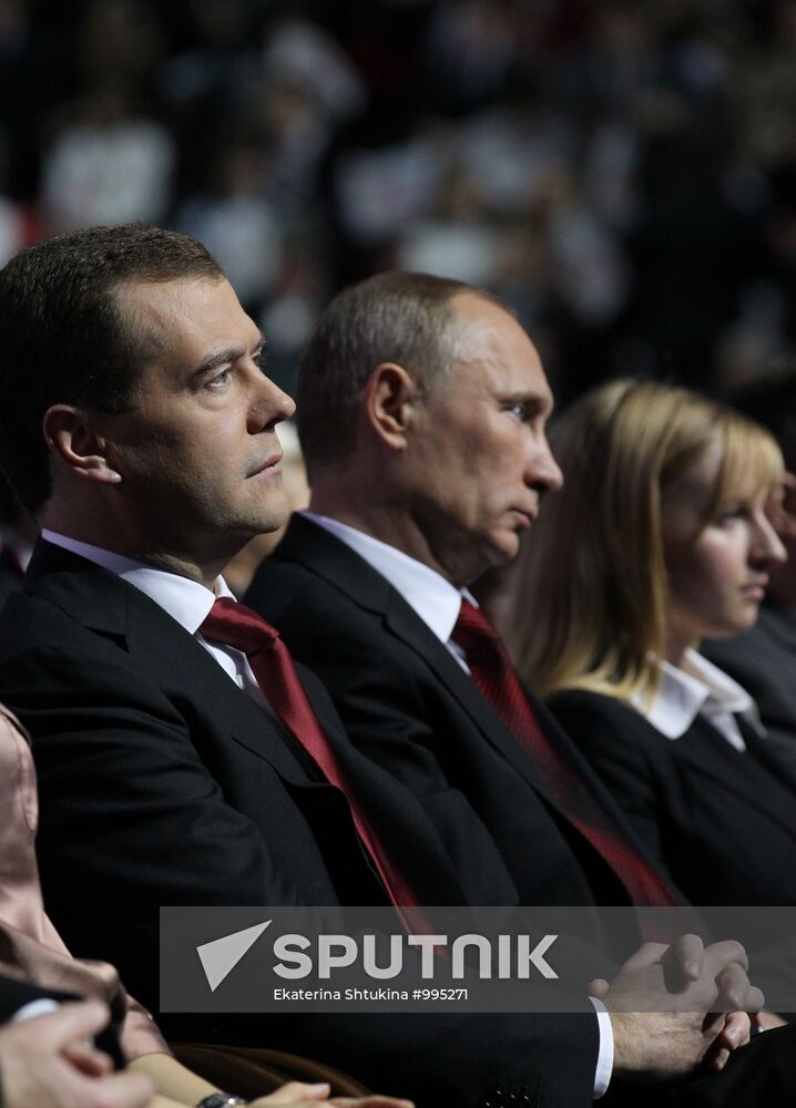 Medvedev and Putin at 12th United Russia pre-election convention
