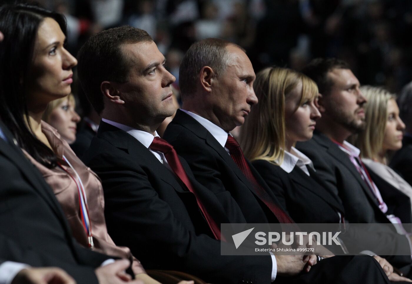 Medvedev and Putin at 12th United Russia pre-election convention