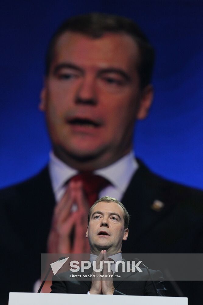 Medvedev and Putin at 12th United Russia pre-election convention