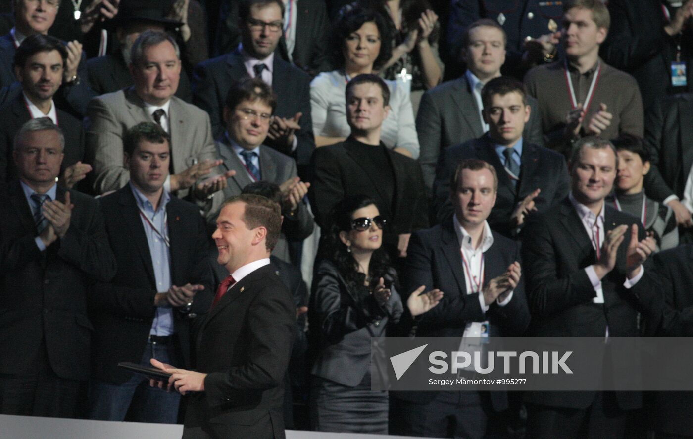 Medvedev and Putin at 12th United Russia pre-election convention