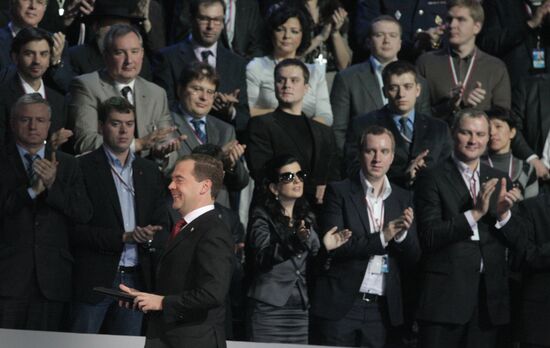 Medvedev and Putin at 12th United Russia pre-election convention