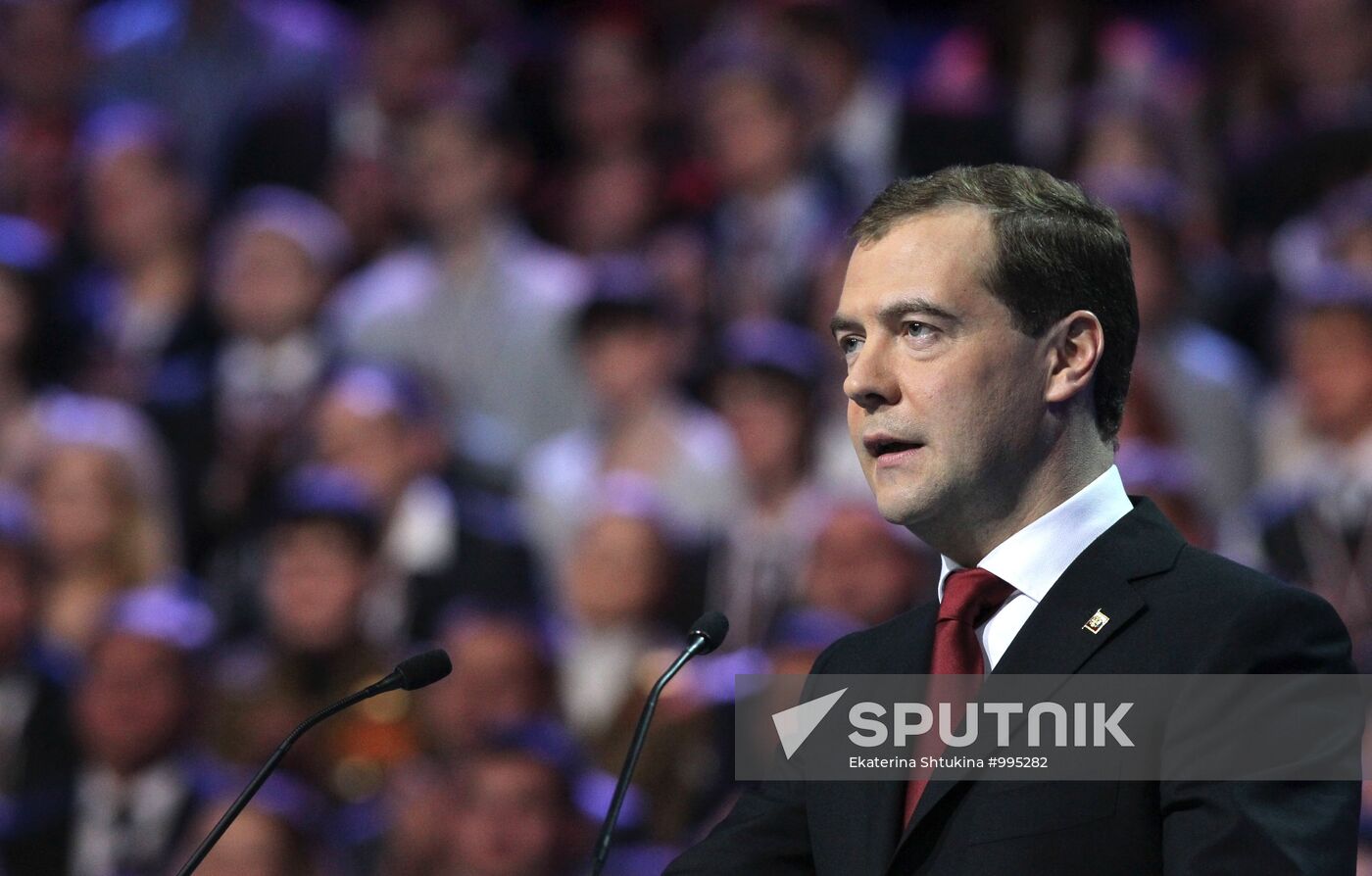 Medvedev and Putin at 12th United Russia pre-election convention