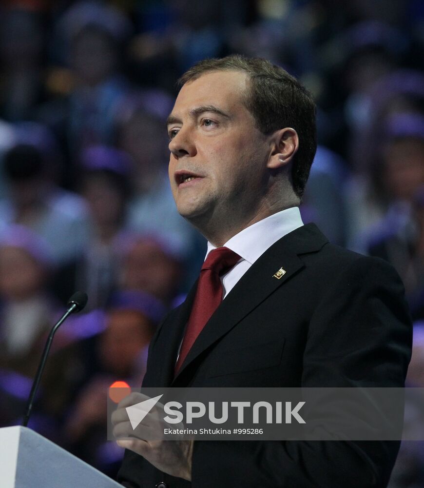 Medvedev and Putin at 12th United Russia pre-election convention