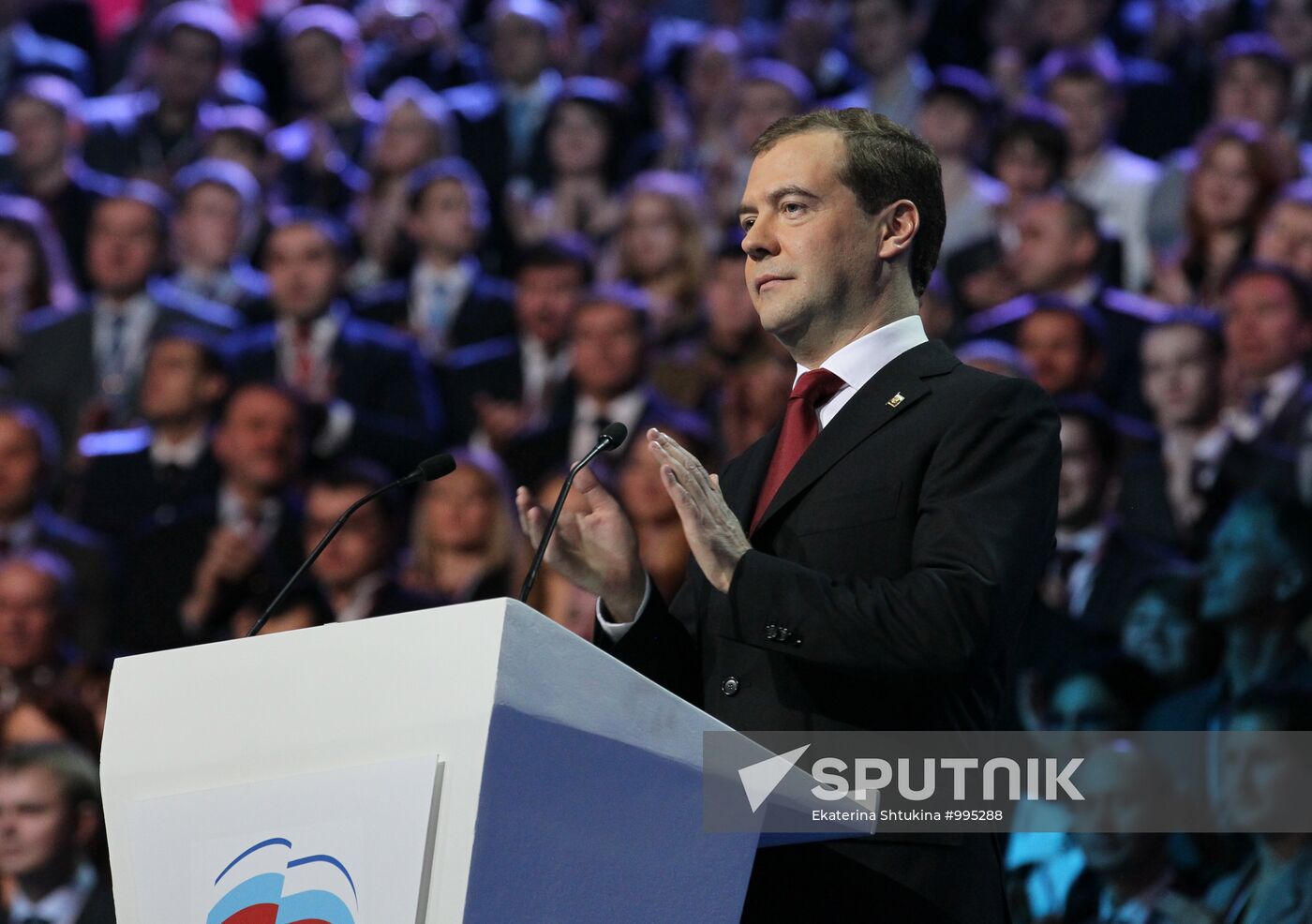 Medvedev and Putin at 12th United Russia pre-election convention