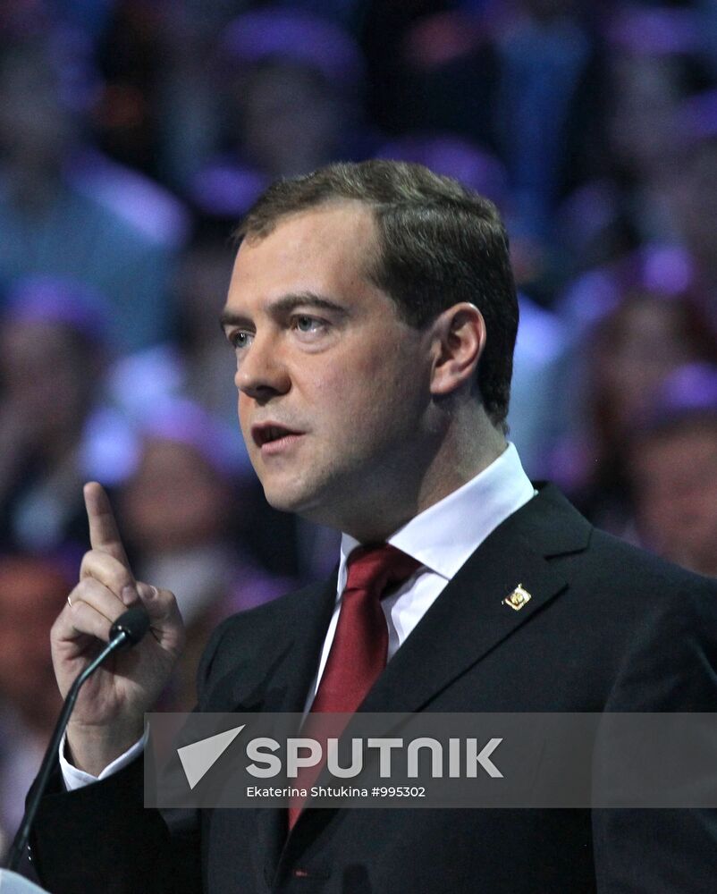 Medvedev and Putin at 12th United Russia pre-election convention