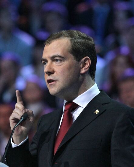 Medvedev and Putin at 12th United Russia pre-election convention