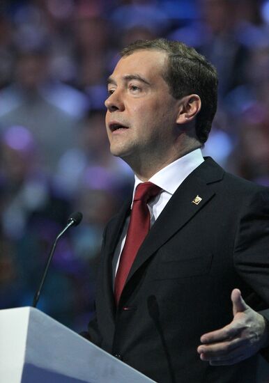 Medvedev and Putin at 12th United Russia pre-election convention