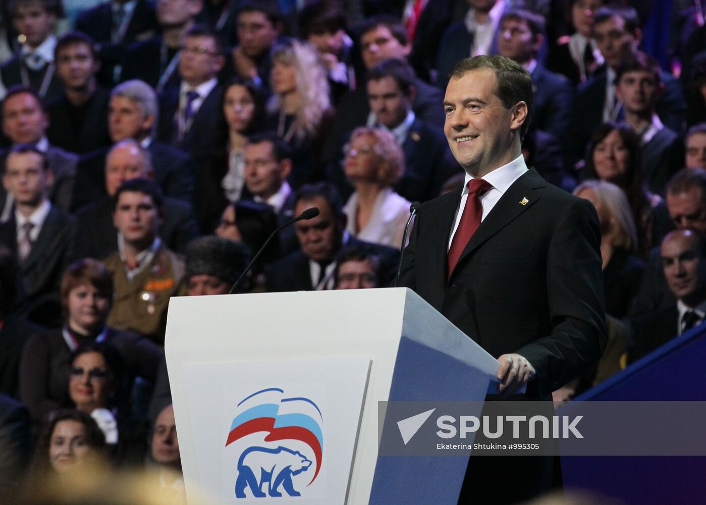 Medvedev and Putin at 12th United Russia pre-election convention