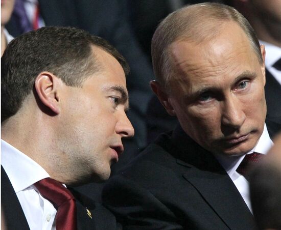 Medvedev and Putin at 12th United Russia pre-election convention