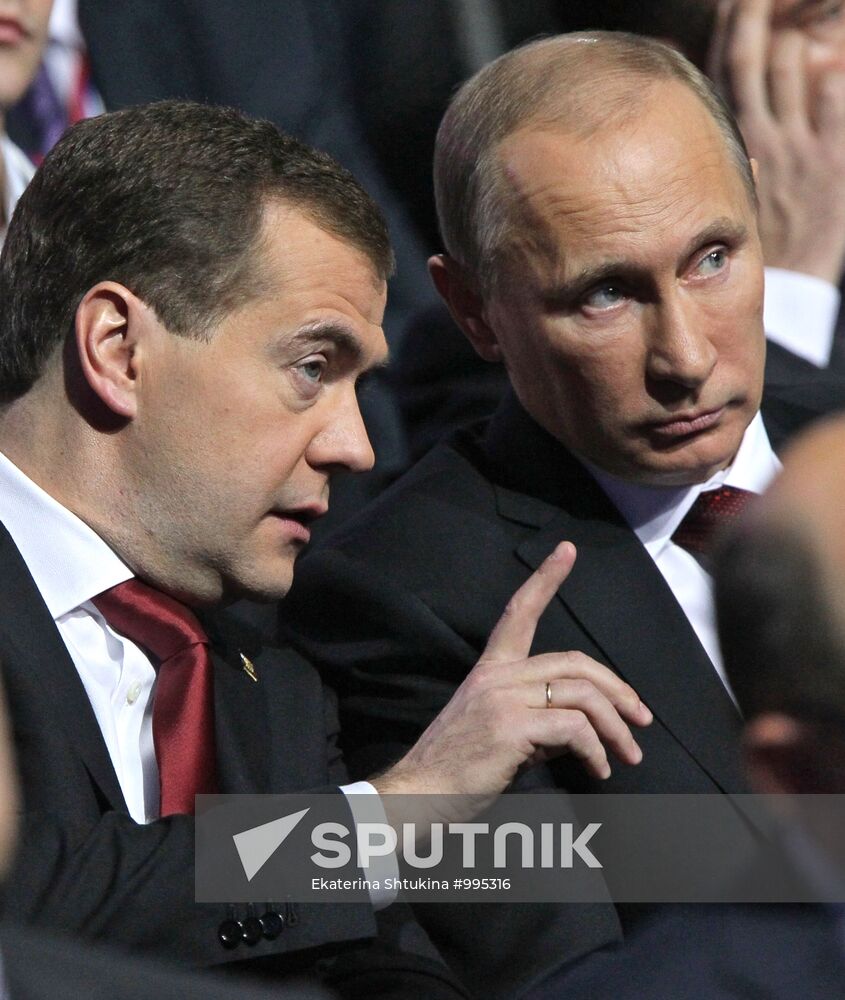 Medvedev and Putin at 12th United Russia pre-election convention