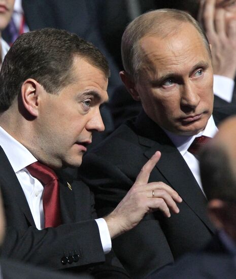 Medvedev and Putin at 12th United Russia pre-election convention