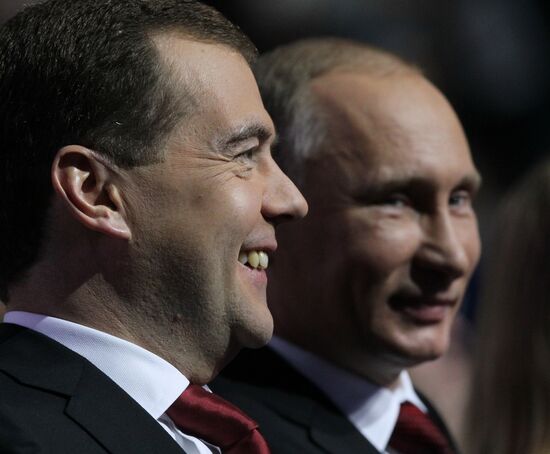 Medvedev and Putin at 12th United Russia pre-election convention