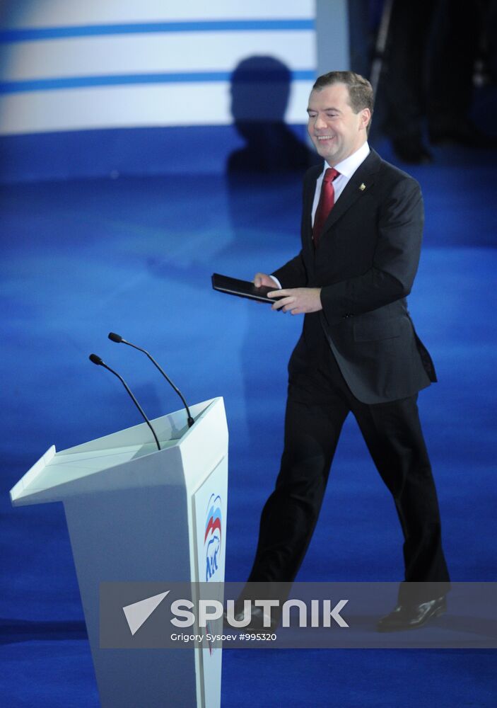 Medvedev and Putin at 12th United Russia pre-election convention