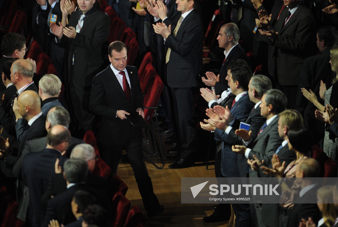 Medvedev and Putin at 12th United Russia pre-election convention