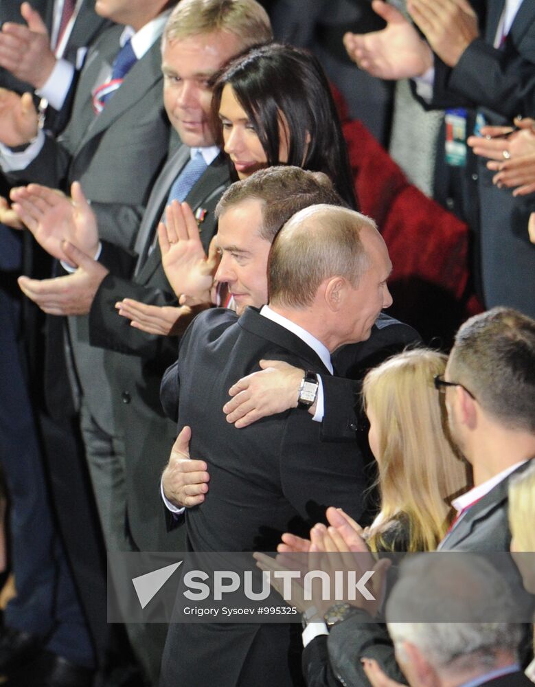 Medvedev and Putin at 12th United Russia pre-election convention