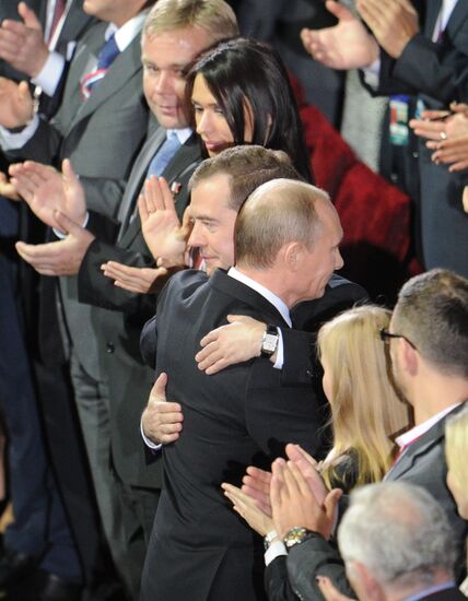 Medvedev and Putin at 12th United Russia pre-election convention