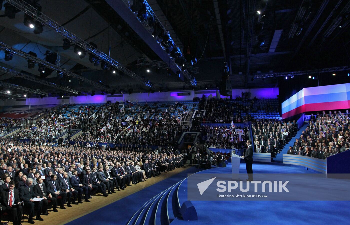 Medvedev and Putin at 12th United Russia pre-election convention