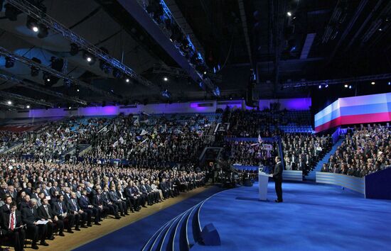 Medvedev and Putin at 12th United Russia pre-election convention