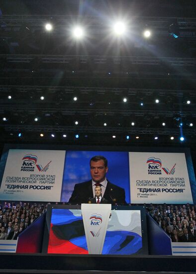 Medvedev and Putin at 12th United Russia pre-election convention