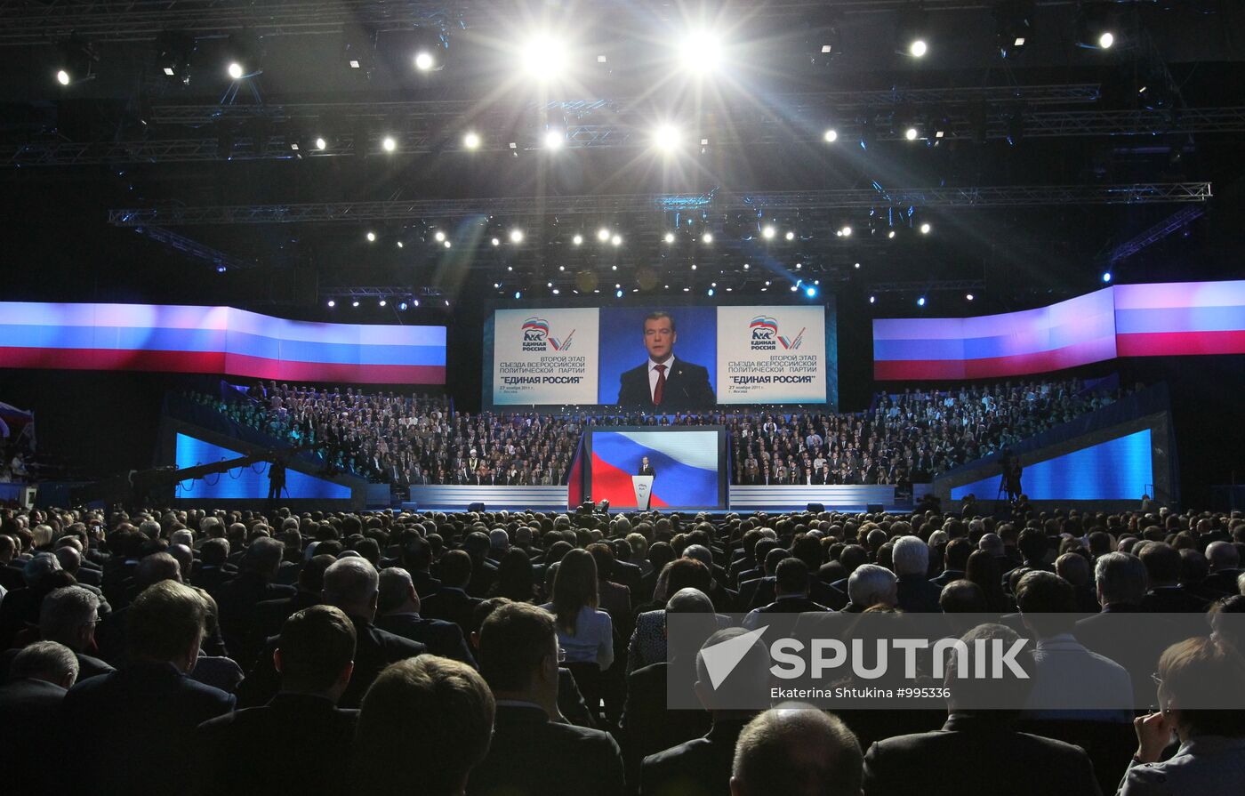 Medvedev and Putin at 12th United Russia pre-election convention