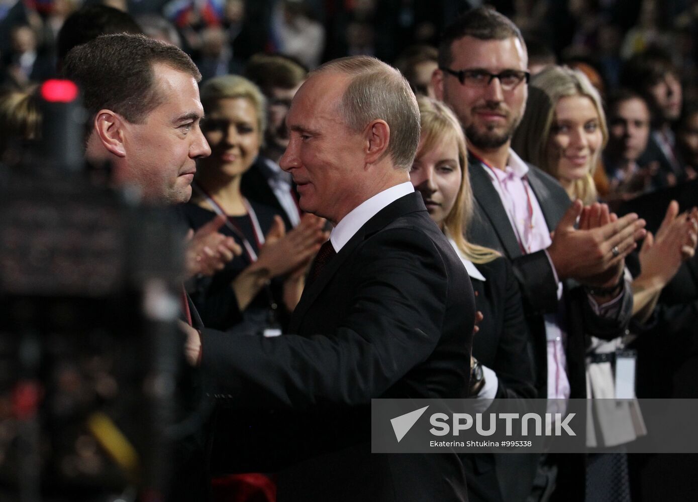 Medvedev and Putin at 12th United Russia pre-election convention