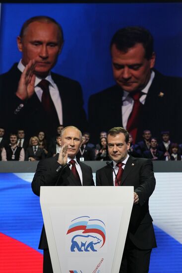 Medvedev and Putin at 12th United Russia pre-election convention