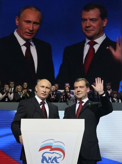 Medvedev and Putin at 12th United Russia pre-election convention