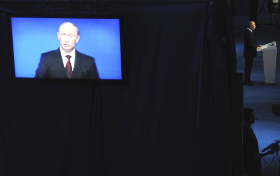 Medvedev and Putin at 12th United Russia pre-election convention