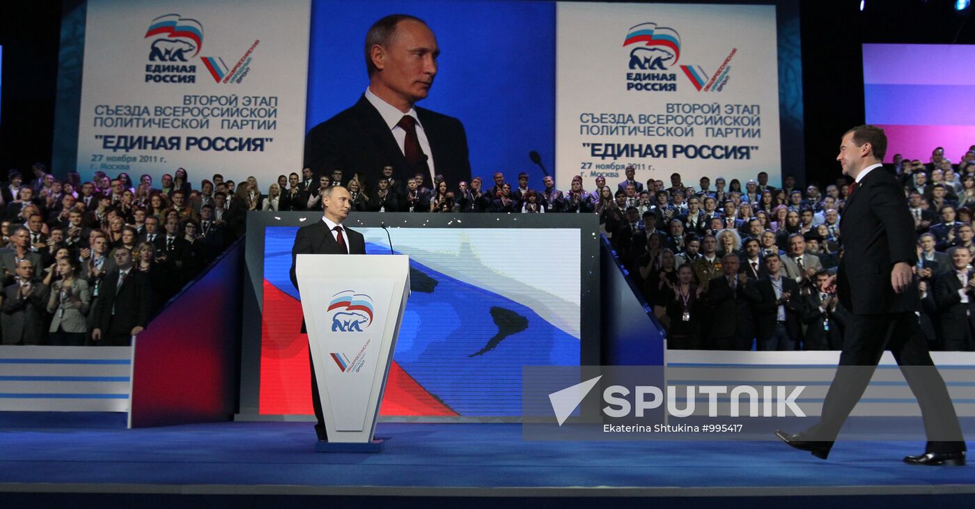 Medvedev and Putin at 12th United Russia pre-election convention