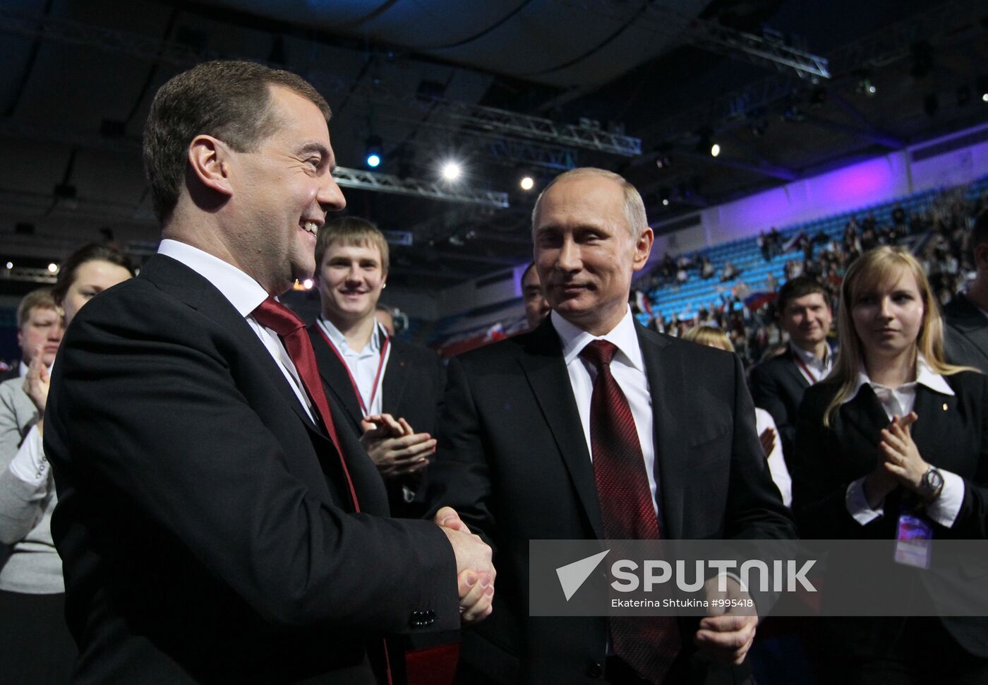 Medvedev and Putin at 12th United Russia pre-election convention
