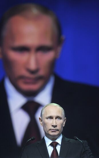 Medvedev and Putin at 12th United Russia pre-election convention