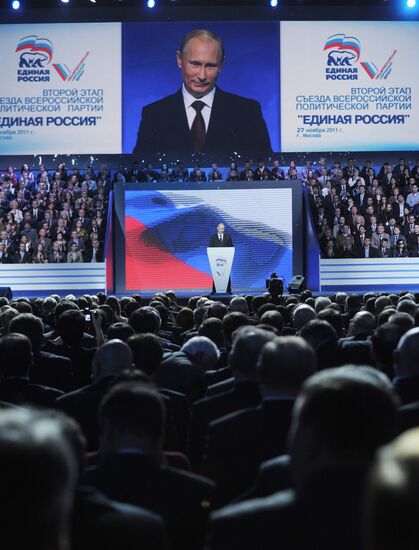 Medvedev and Putin at 12th United Russia pre-election convention