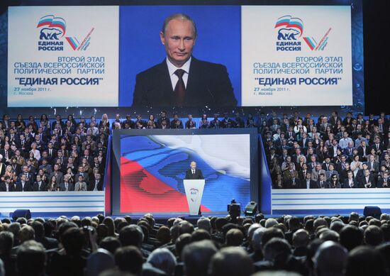 Medvedev and Putin at 12th United Russia pre-election convention
