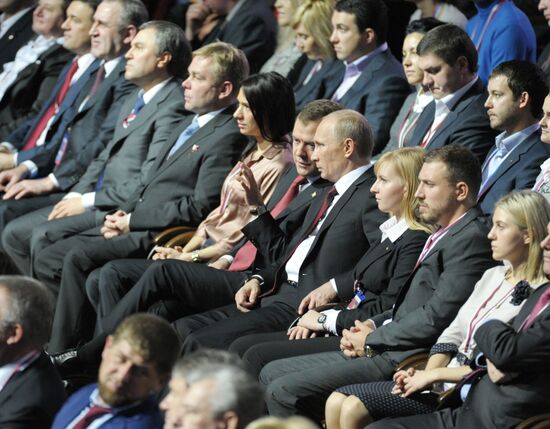 Medvedev and Putin at 12th United Russia pre-election convention