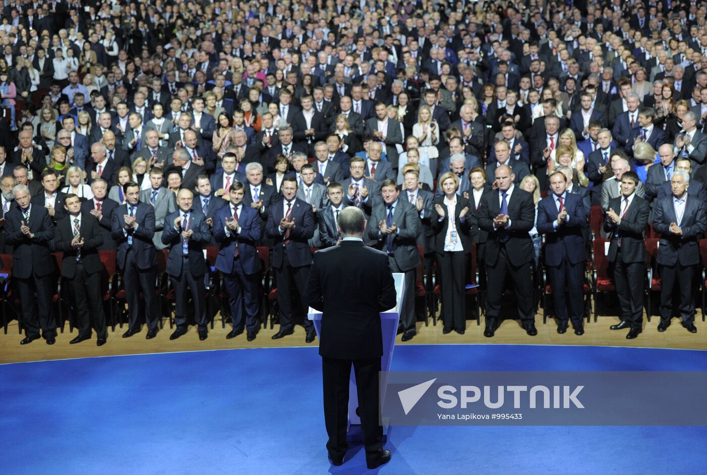 Medvedev and Putin at 12th United Russia pre-election convention