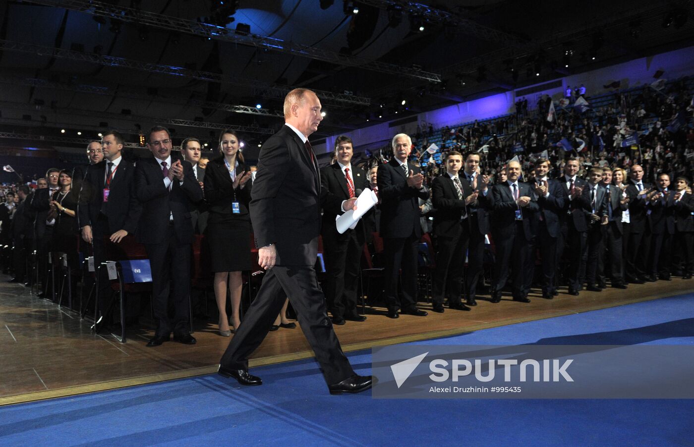 Medvedev and Putin at 12th United Russia pre-election convention