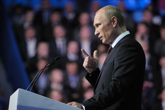 Medvedev and Putin at 12th United Russia pre-election convention