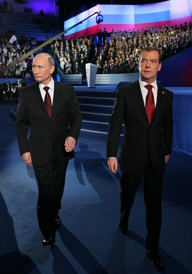 Medvedev and Putin at 12th United Russia pre-election convention