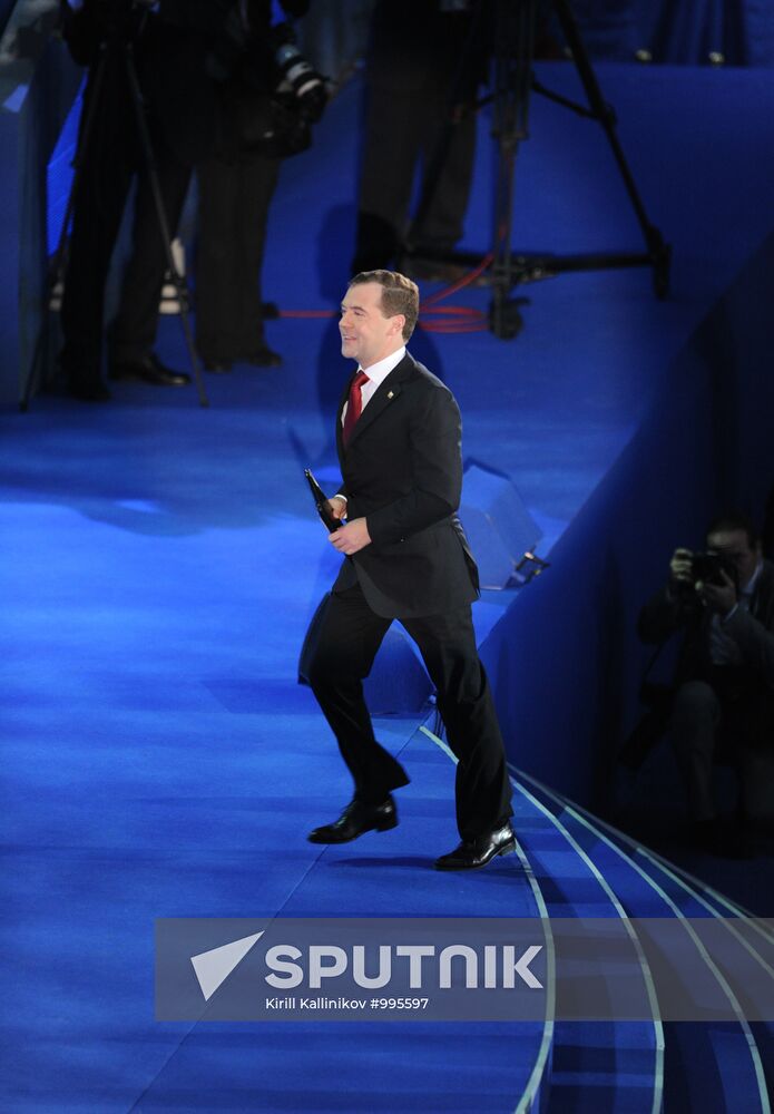 Medvedev and Putin at 12th United Russia pre-election convention