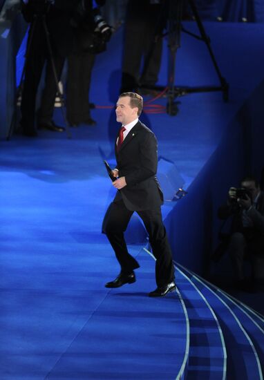Medvedev and Putin at 12th United Russia pre-election convention