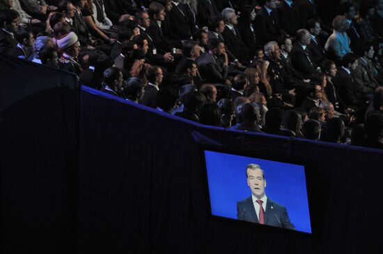 Medvedev and Putin at 12th United Russia pre-election convention