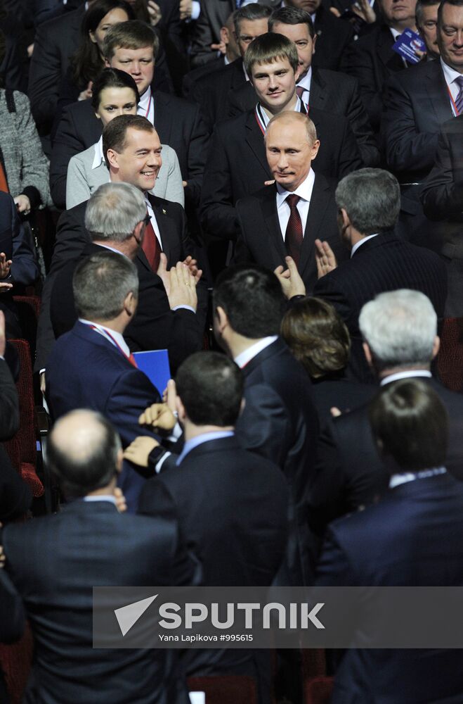 Medvedev and Putin at 12th United Russia pre-election convention