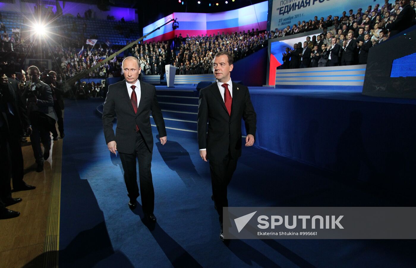 D. Medvedev and V. Putin at meeting of United Russia party