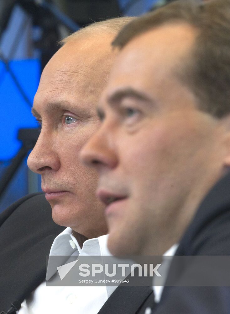 Dmitry Medvedev and Vladimir Putin meet with voters in Moscow